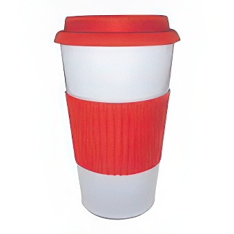 Stalowy kubek termiczny z silikonową opaską i przykrywką - stożkowy